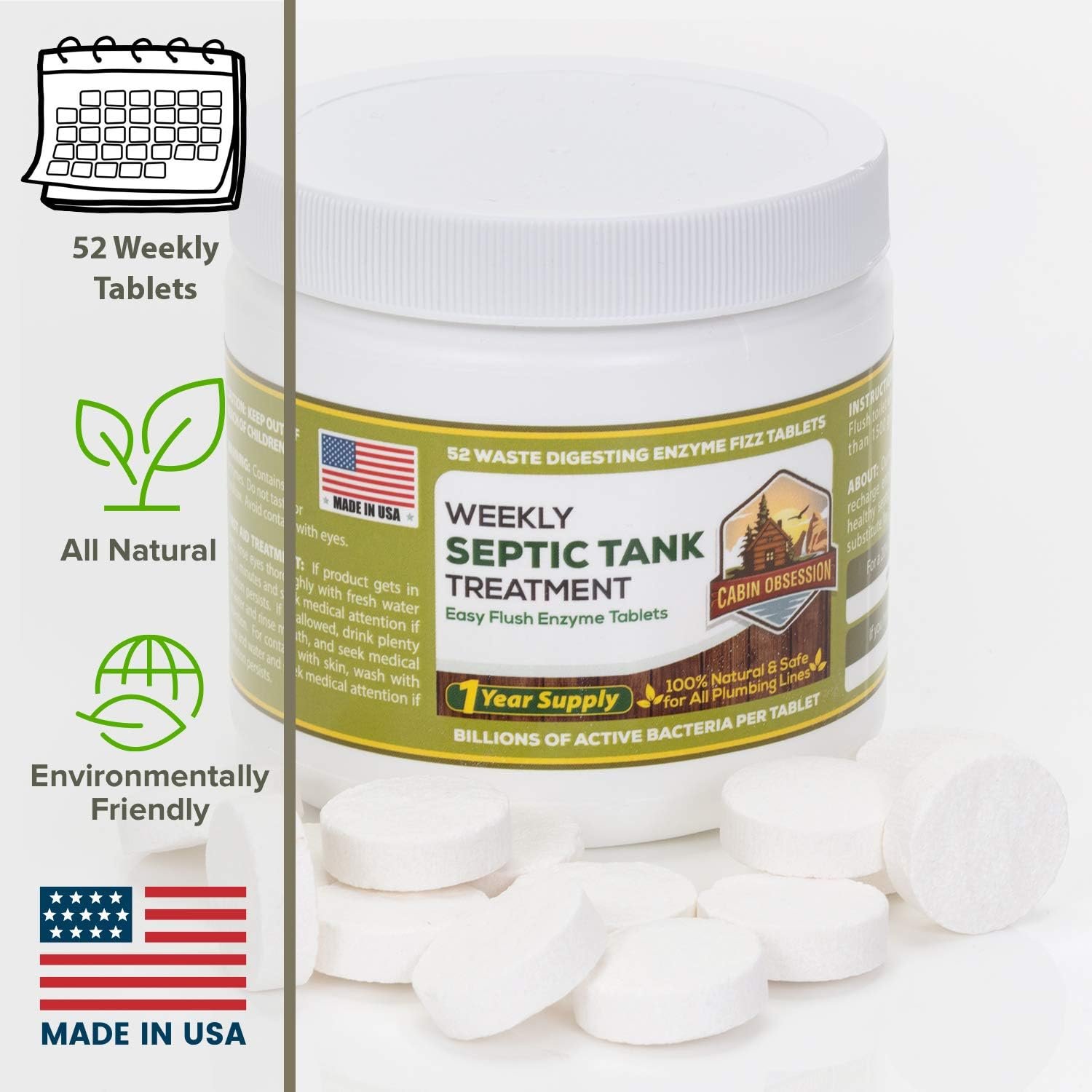 52 Weekly Septic Tank Treatment Fizz Tablets – Easy Flush Bio Toilet Tabs with Billions of Active Bacteria per Tablet – 1 Year Supply - 100% Natural  Safe for All Plumbing  Drain Lines…
