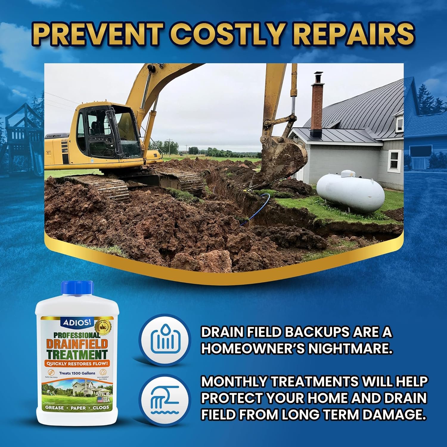 Adios! Drain Field Treatment and Cleaner for Leach Fields, Safely Opens and Restores Drainfields - 32oz