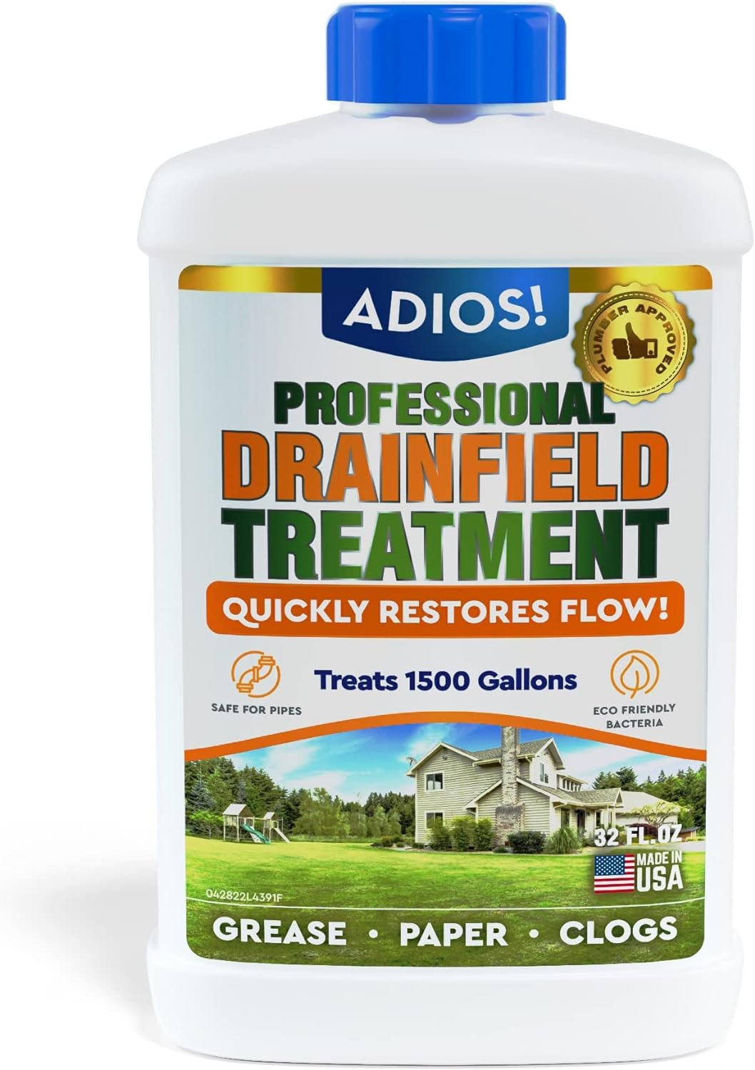 Adios! Drain Field Treatment and Cleaner for Leach Fields, Safely Opens and Restores Drainfields - 32oz