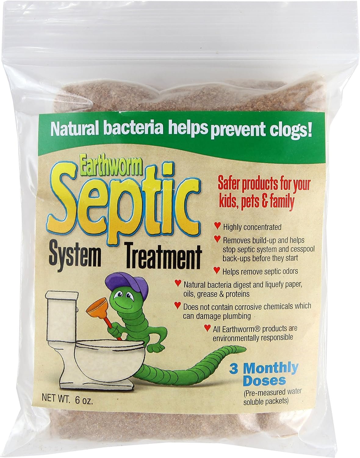 Earthworm Septic Tank System Treatment Cleaner! - 3 Monthly Doses - Pre-Measured Water Soluble Packets - Natural Enzymes, Safer for Family, Environmentally Responsible - 6 Oz. : Health  Household