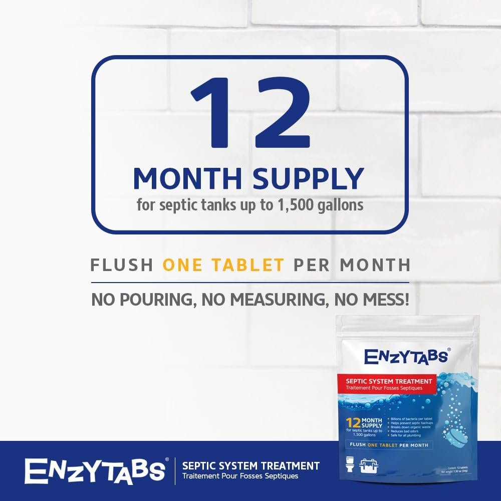 Enzytabs Septic Tank System Treatment, Billions of Enzyme Producing Bacteria Reduce Bad Odors and Help Prevent Backups, 12 Month Supply (12 tablets)