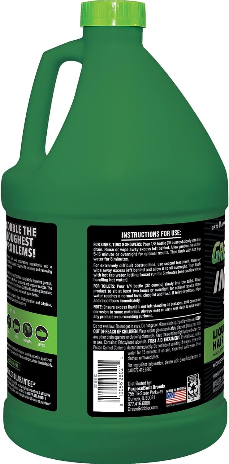 Green Gobbler Industrial Strength Grease and Hair Drain Clog Remover | Drain Cleaner Gel | Safe for Pipes, Toilets, Sinks, Tubs, Drains  Septic Systems | 1 Gallon