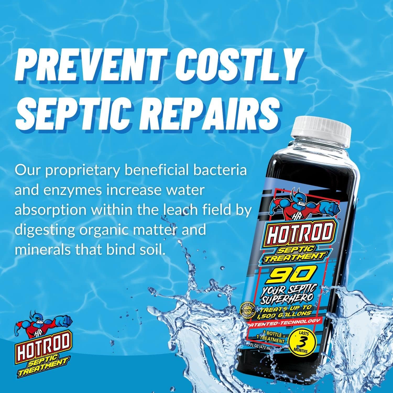 HOTROD Septic Tank Treatment 90-3 Month Supply Extends Septic System Life and Prevents Costly Repairs - Industrial Grade - Easy to Use - Safe on Piping and Plumbing - 16oz Liquid