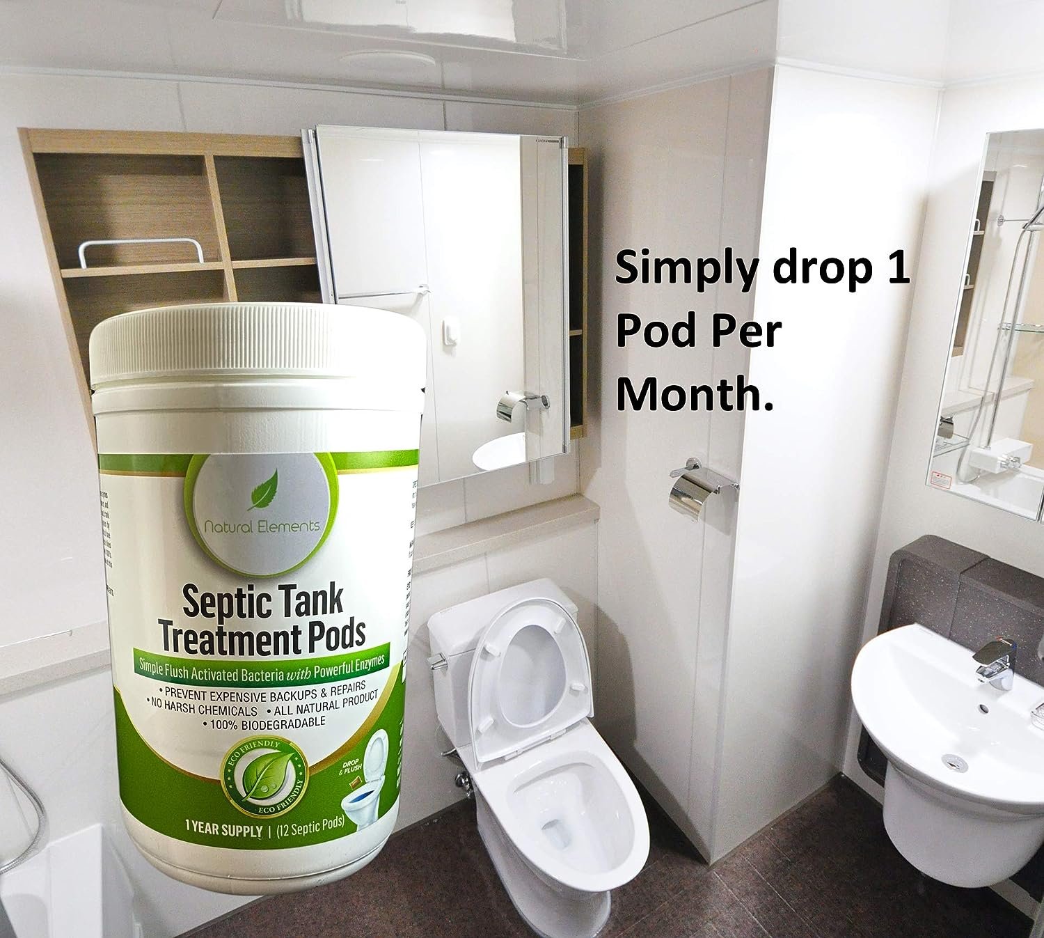 natural elements Septic Tank Treatment Pods | 1-Year Supply, Pack of 12 | Eco-Friendly Bacteria  Enzymes Formula | Prevents Backups, Eliminates Odors, Maintains System Health  Efficiency