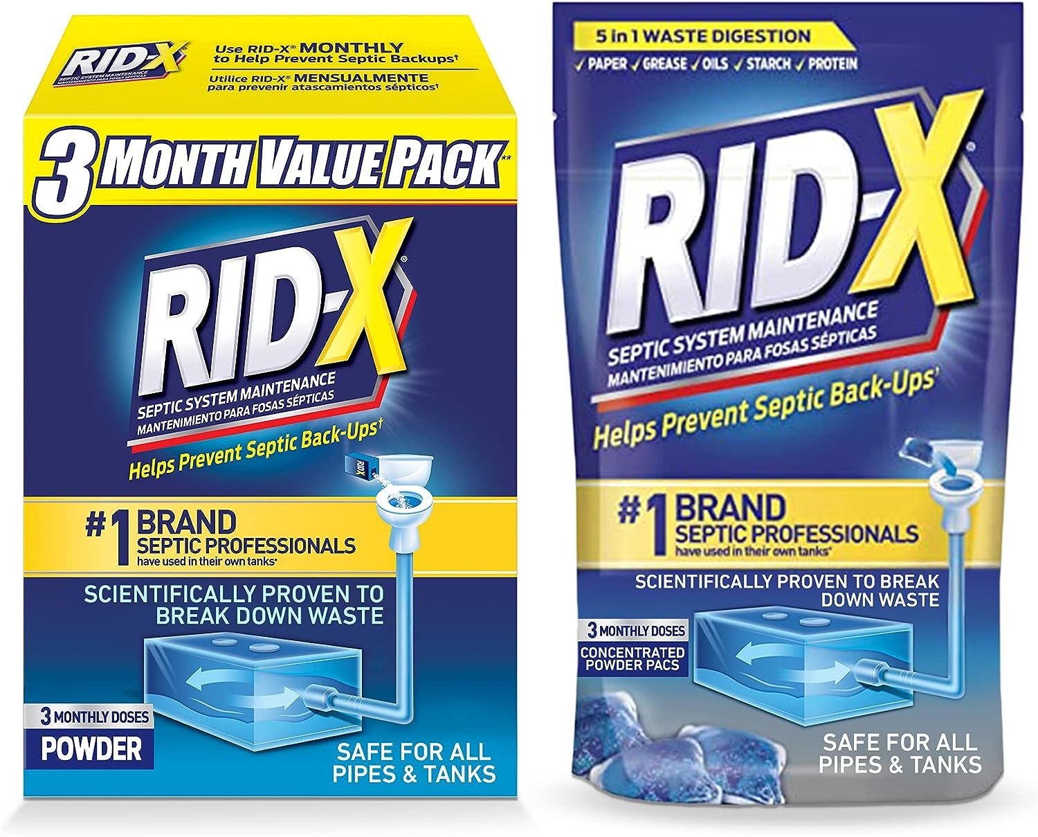 Rid-X Septic Tank Treatment Enzymes, Powder + Septi Pacs 6 Month Supply (3 Month Supply Septi-Pacs, 3.2oz + 3 Month Supply of Powder, 29.4 oz)