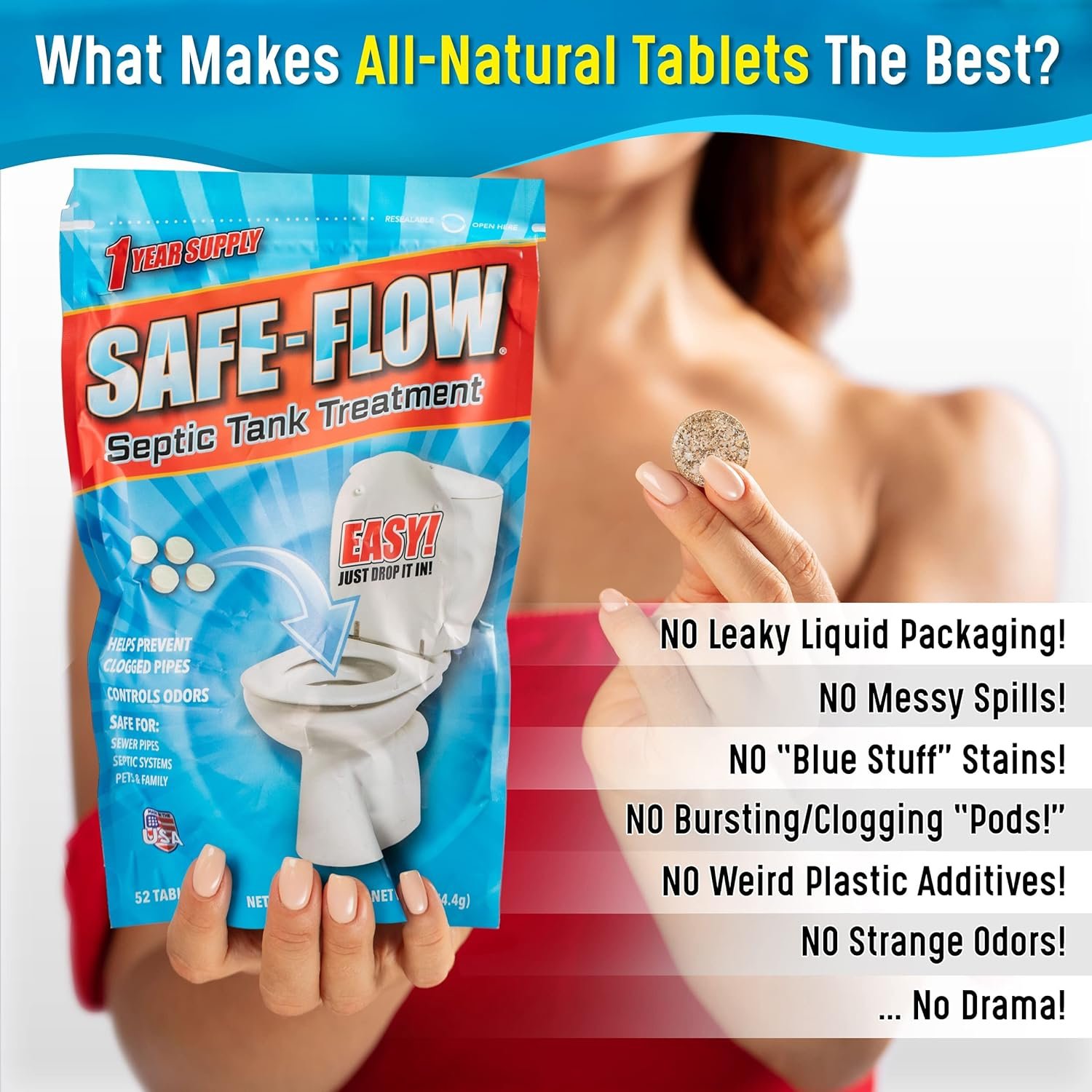 SAFE-FLOW Septic Tank Treatment - 1 Year Supply - 52 Ultra Concentrated Septic Tablets for Mess-Free Treatment - USA-Made Natural Formula for Easy System Maintenance and Smell Control