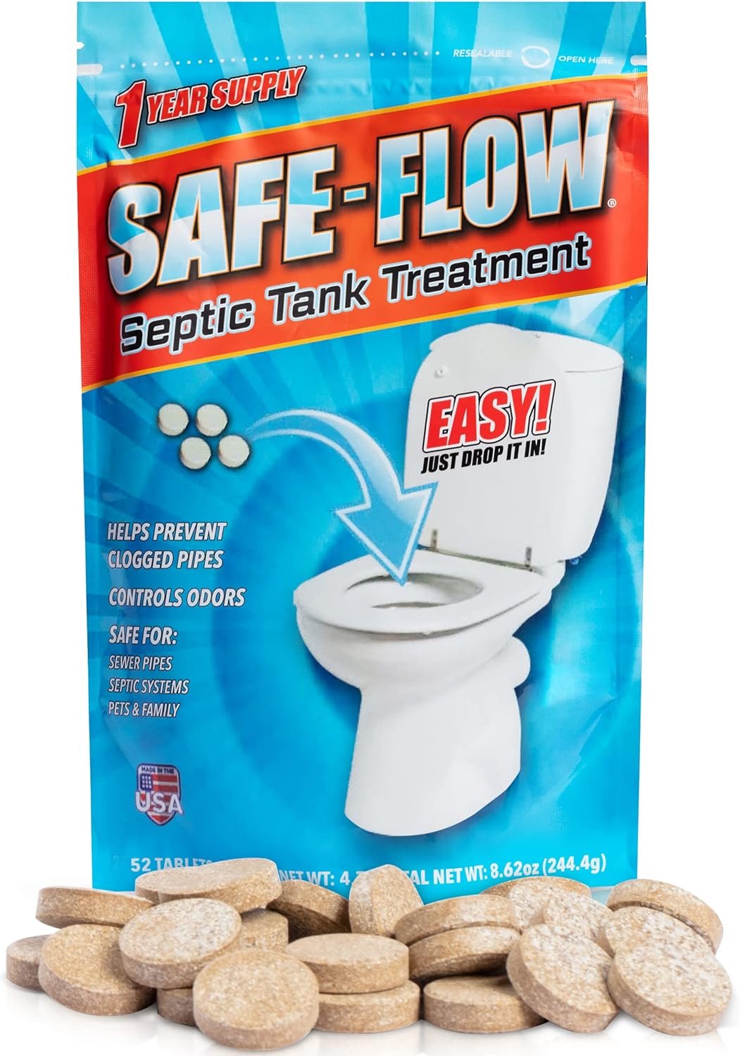 SAFE-FLOW Septic Tank Treatment - 1 Year Supply - 52 Ultra Concentrated Septic Tablets for Mess-Free Treatment - USA-Made Natural Formula for Easy System Maintenance and Smell Control