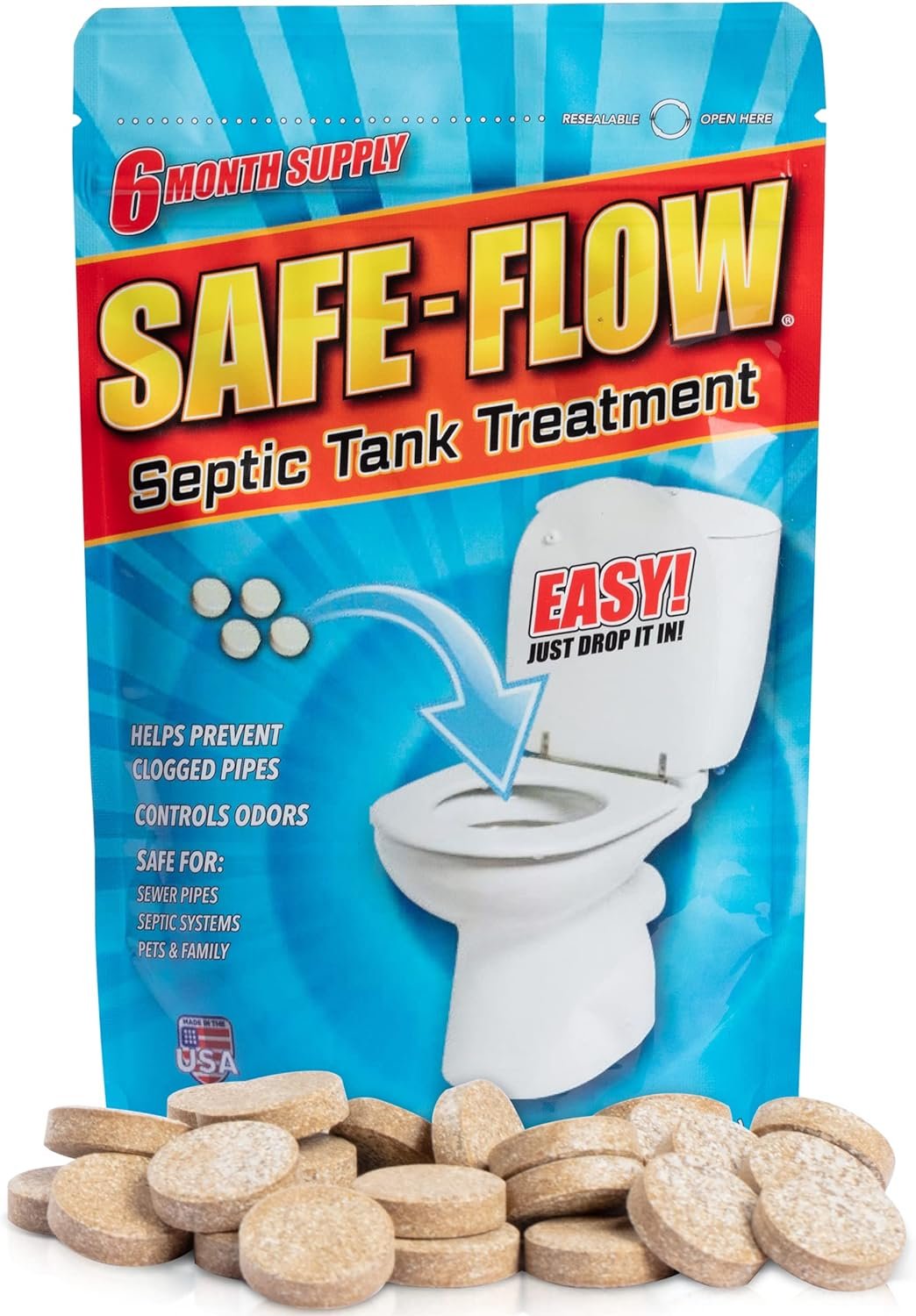 SAFE-FLOW Septic Tank Treatment - 6 Month Supply - 26 Ultra Concentrated Septic Tablets for Mess-Free Treatment - USA-Made Natural Formula for Easy System Maintenance and Smell Control