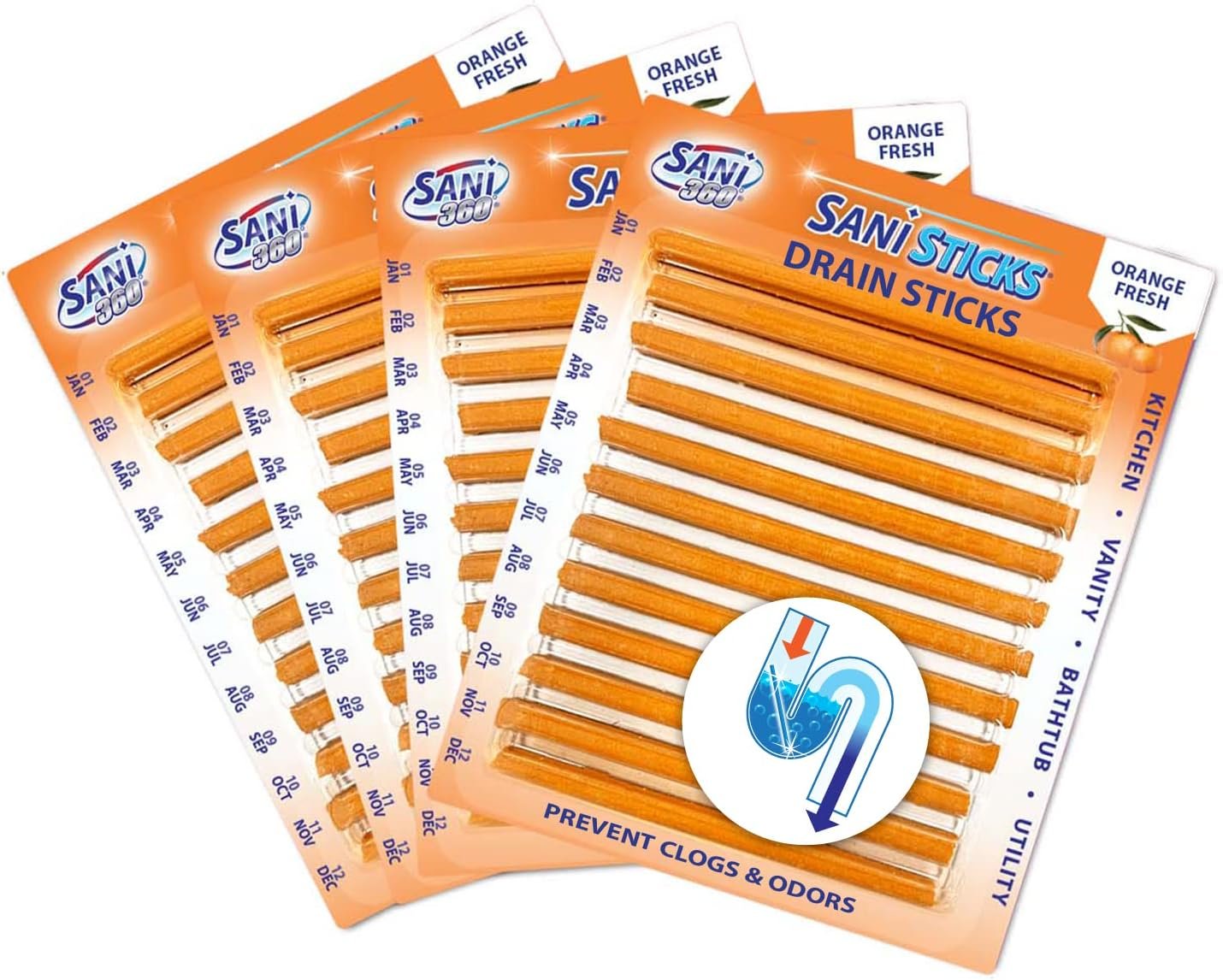 SANI 360° Sani Sticks Drain Cleaner and Deodorizer, Enzyme Pipe Cleaners, Eliminate Odors, Prevent Clogged Drains, Safe for Sinks, Bathtub Drains, Septic Tanks, 48 Count, Orange Scent