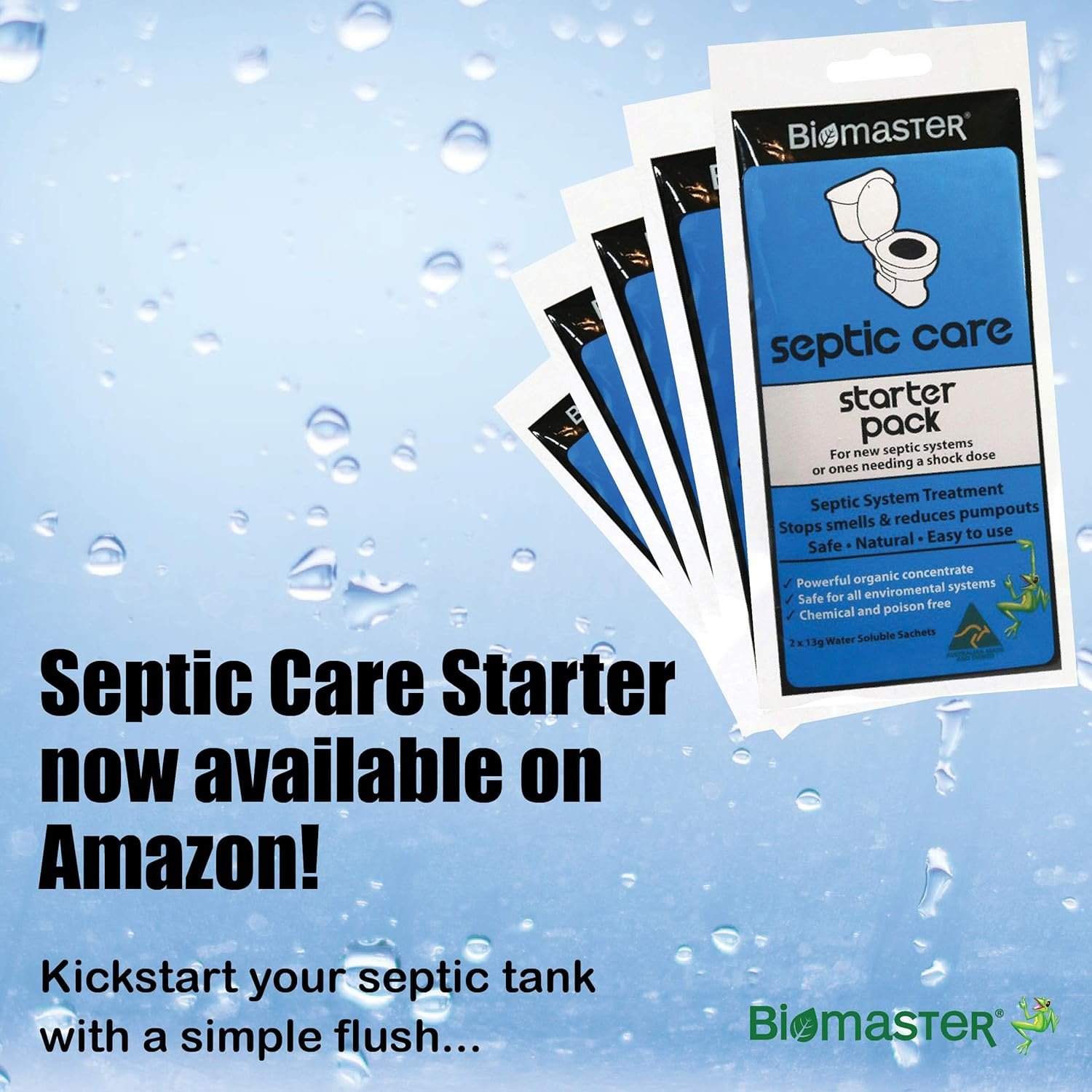 Septic Care Starter Pack Septic Tank Treatment, Stops Odors, Clears Drain Fields (100% Natural Concentrate, 2 Water Soluble Sachets)