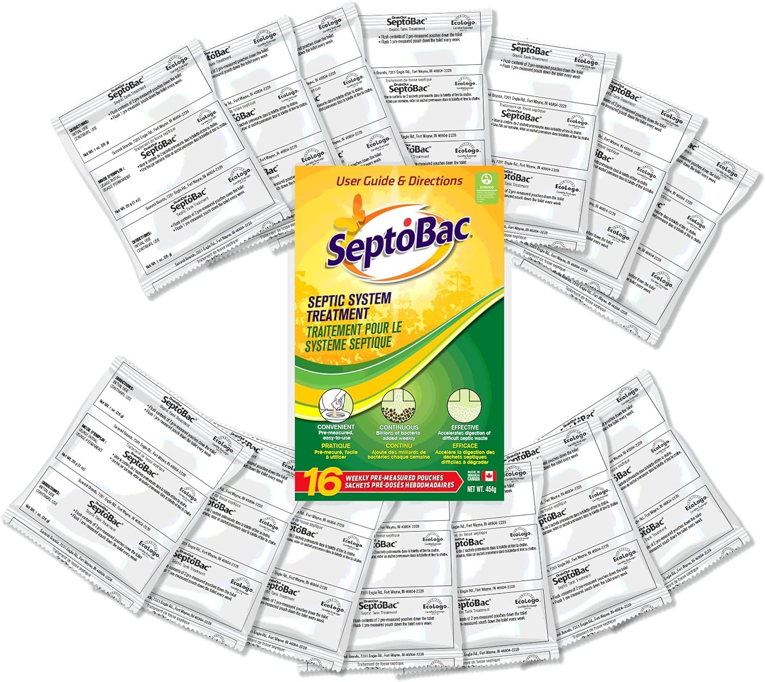 SeptoBac Septic System Treatment Maintenance, Convenient Pre-Measured Weekly Pouches for Sewage Waste Tank for Homes, RVs, Boats, Pack of 16